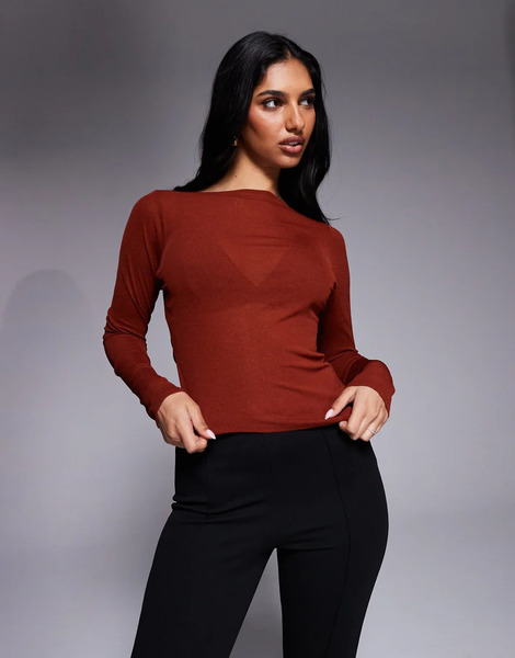  Asos Design Sheer Second Skin Asymmetric Hem Long Sleeve Top In Rust Orange 