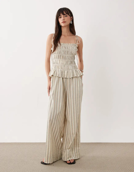  Asos Design Shirred Peplum Jumpsuit In Neutral Stripe 