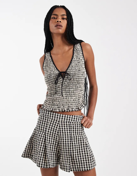  Asos Design Shirred Tie Front V Neck Vest Top In Gingham Multi 