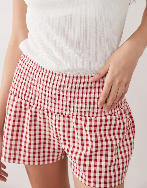  Asos Design Shirred Waist Pull On Short In Red Gingham 