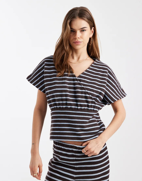  Asos Design Short Sleeve Wrapped Cinched Co Ord Top In Stripe Multi 