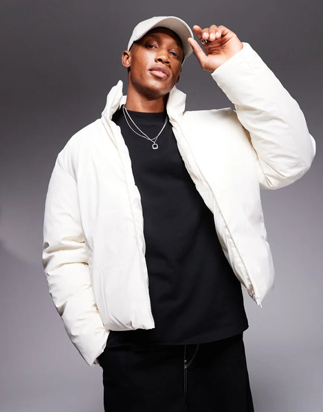  Asos Design Shower Resistant Rubberized Puffer Jacket In Ecru Neutral 