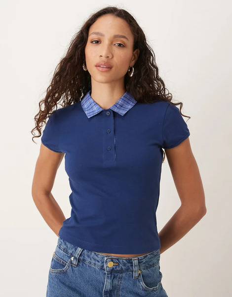  Asos Design Shrunken Polo Tee With Hybrid Collar In Navy 