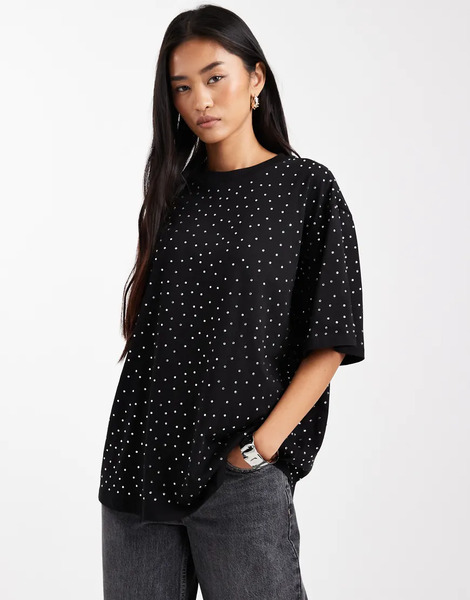  Asos Design Silver Studded Oversized T Shirt In Black 