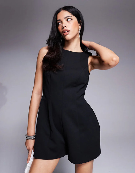  Asos Design Slash Neck Structured Tulip Short Playsuit In Black 