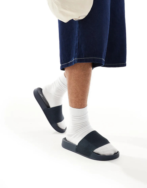  Asos Design Sliders In Navy With Knitted Strap 