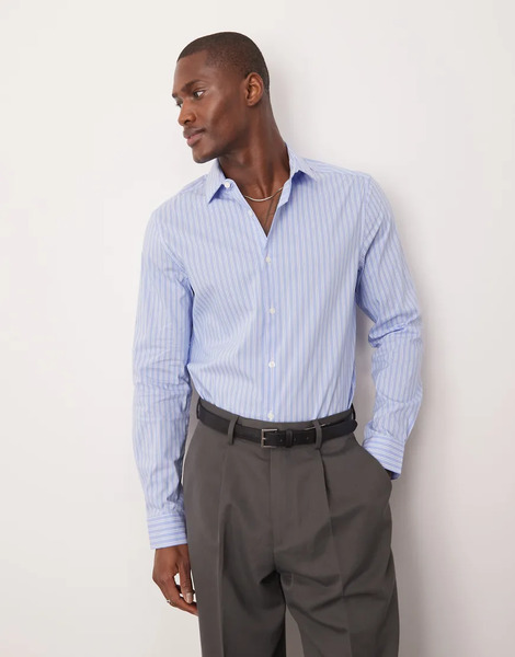  Asos Design Slim Fit Stripe Work Shirt In Light Blue 