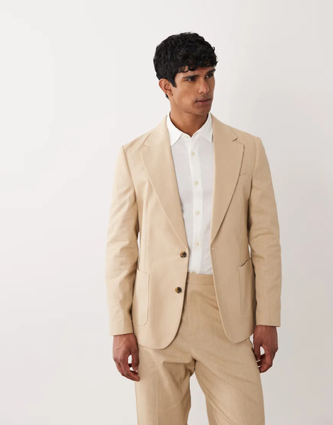  Asos Design Slim Fit Suit Blazer In Stone Slub Texture Neutral 