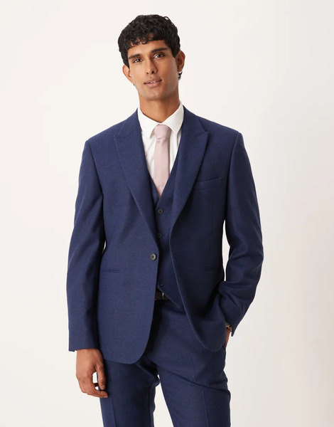  Asos Design Slim Herringbone Suit Jacket With Wool In Navy 