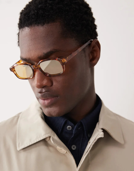  Asos Design Slim Rectangle Reflective Sunglasses In Tortoise Shell With Yellow Lens Brown 