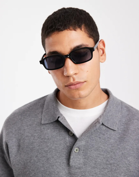  Asos Design Slim Rectangle Sunglasses In Black With Smoke Lens 