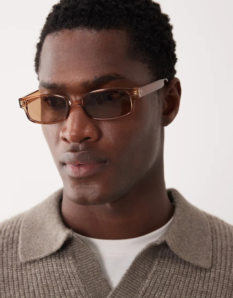  Asos Design Slim Rectangle Sunglasses In Neutral Crystal Frame With Brown Lens 
