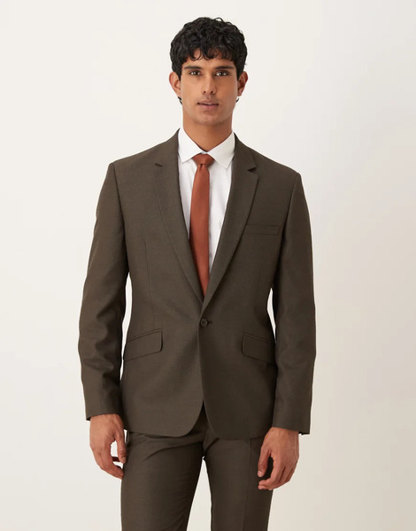  Asos Design Slim Suit Jacket In Brown Microtexture Green 
