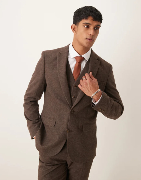  Asos Design Slim Suit Jacket In Brown Wool Mix Flannel 