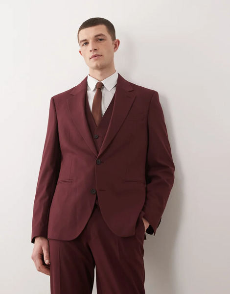  Asos Design Slim Suit Jacket In Burgundy Red 