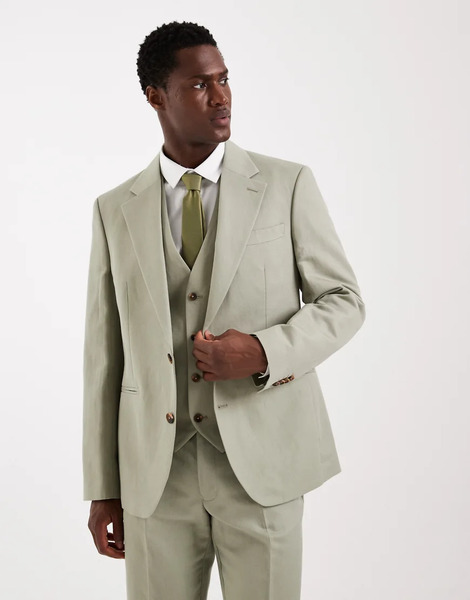  Asos Design Slim Suit Jacket In Linen Rich Sage Twill Green 