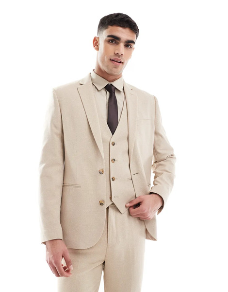  Asos Design Slim Suit Jacket In Textured Stone Fabric Neutral 