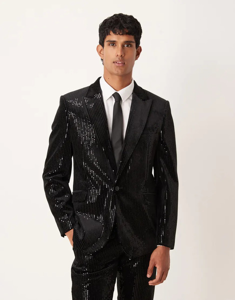  Asos Design Slim Suit Jacket In Velvet Sequin In Black 