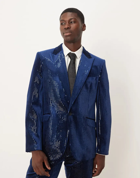  Asos Design Slim Suit Jacket In Velvet Sequin In Navy 