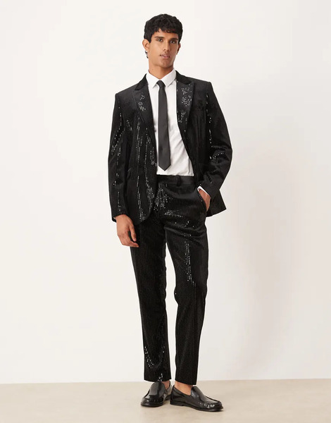  Asos Design Slim Suit Trouser In Velvet Sequin In Black 