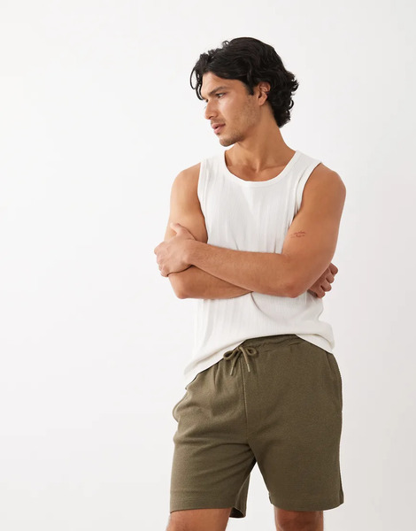  Asos Design Slim Textured Fit Jersey Short In Stone Neutral 