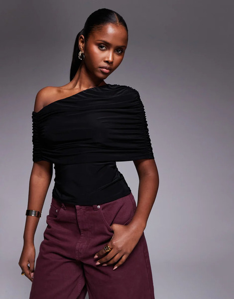  Asos Design Slinky Asymmetric Cape Shoulder Top In Black 