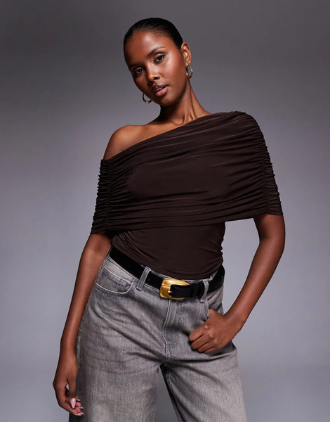  Asos Design Slinky Asymmetric Cape Shoulder Top In Brown 