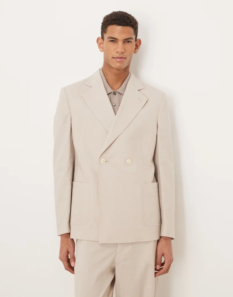  Asos Design Slouchy Double Breasted Suit Jacket In Stone With Linen Neutral 