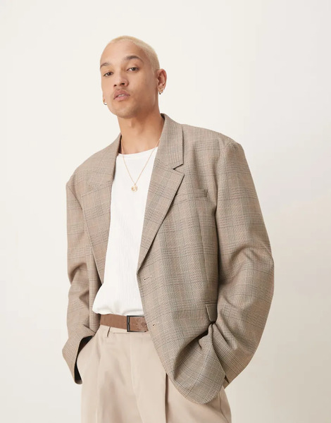  Asos Design Slouchy Oversized Blazer In Brown Check 
