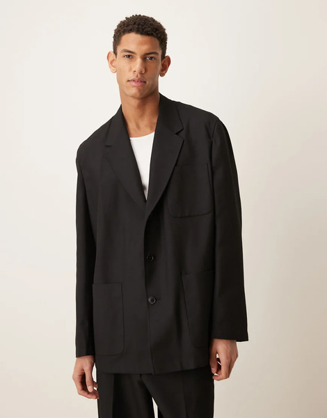 Asos Design Slouchy Painter Suit Jacket In Black Twill 