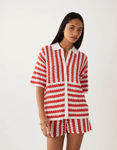  Asos Design Slub Stripe Shirt Co Ord In Red 