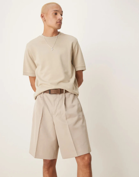  Asos Design Smart Bermuda Shorts With Front Pleat In Stone Neutral 