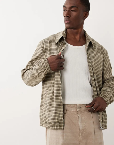  Asos Design Smart Checked Harrington Jacket In Brown 