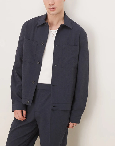  Asos Design Smart Co Ord Button Harrington Jacket In Navy Seersucker Texture 