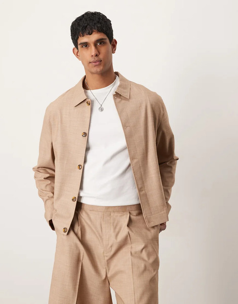  Asos Design Smart Co Ord Button Up Harrington Jacket In Camel Texture Neutral 