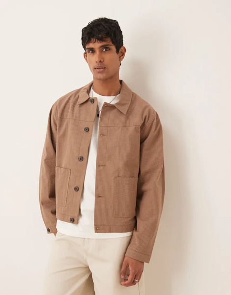  Asos Design Smart Co Ord Harrington Jacket In Brown Seersucker 