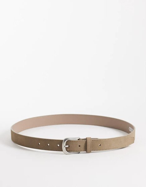  Asos Design Smart Faux Suede Single Stud Belt With Rounded Edge Brushed Silver Buckle In Beige Neutral 