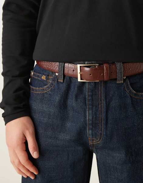  Asos Design Smart Leather Belt With Croc Texture In Brown 