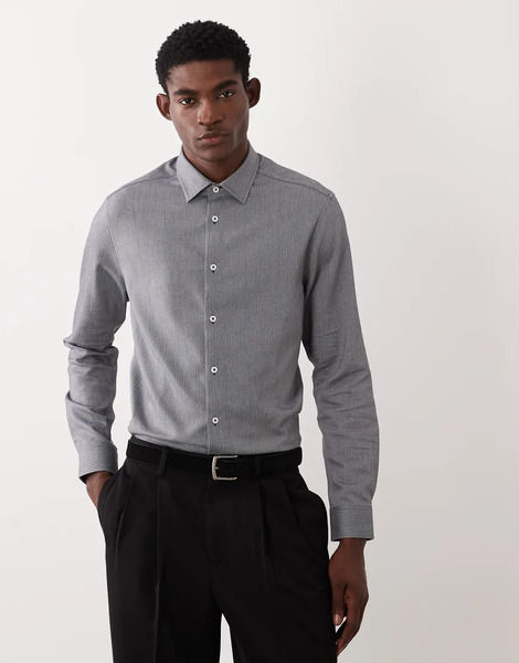  Asos Design Smart Slim Herringbone Shirt In Navy 
