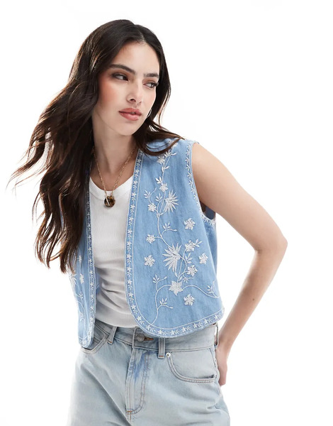  Asos Design Soft Denim Embroidery Waistcoat In Mid Blue 
