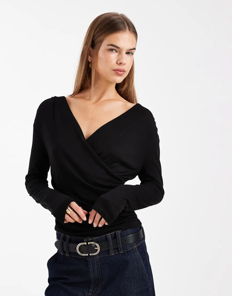  Asos Design Soft Jersey Drape Wrap Long Sleeve Top In Black 