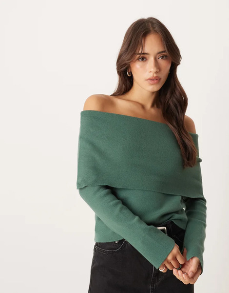  Asos Design Soft Knit Structured Slim Fit Bardot Top In Green 
