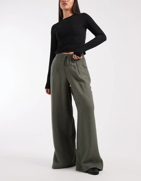  Asos Design Soft Texture Wide Leg Trousers In Mid Green Multi 