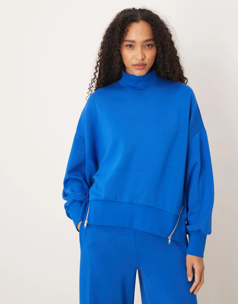  Asos Design Soft Touch Cupro Funnel Neck Sweatshirt In Bright Blue 