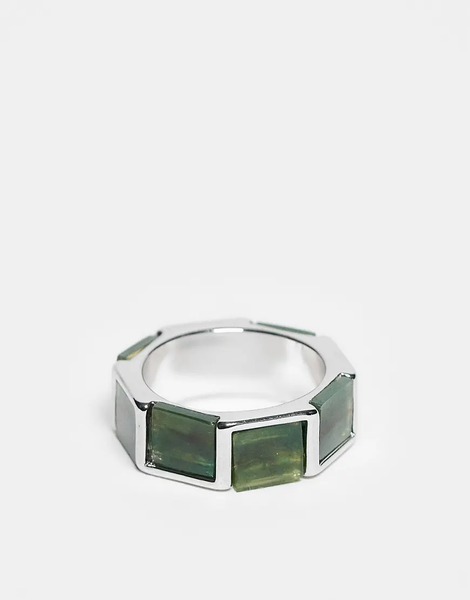  Asos Design Square Faux Moss Agate Ring In Silver 