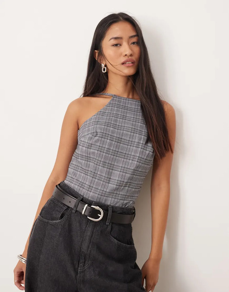  Asos Design Square Neck Fitted Bodysuit In Mono Check Multi 