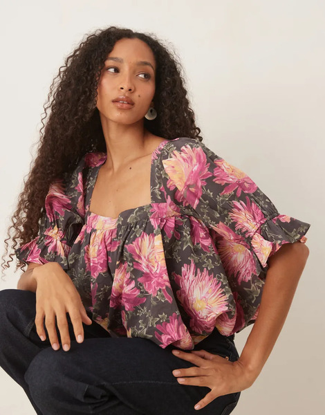  Asos Design Square Neck Puff Blouse In Floral Print Multi 