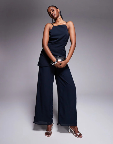  Asos Design Square Neck Structured Jumpsuit With Chiffon Trouser In Navy Black 