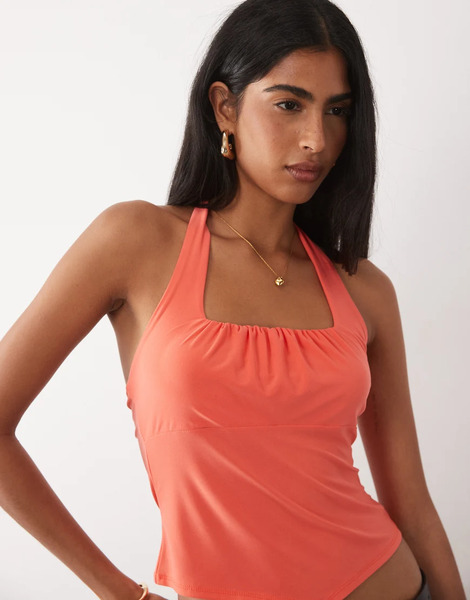 Asos Design Square Ruched Halter Top In Red 