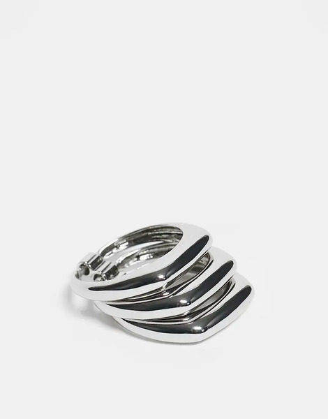  Asos Design Squared Edge Linked Stacking Signet Ring In Silver 